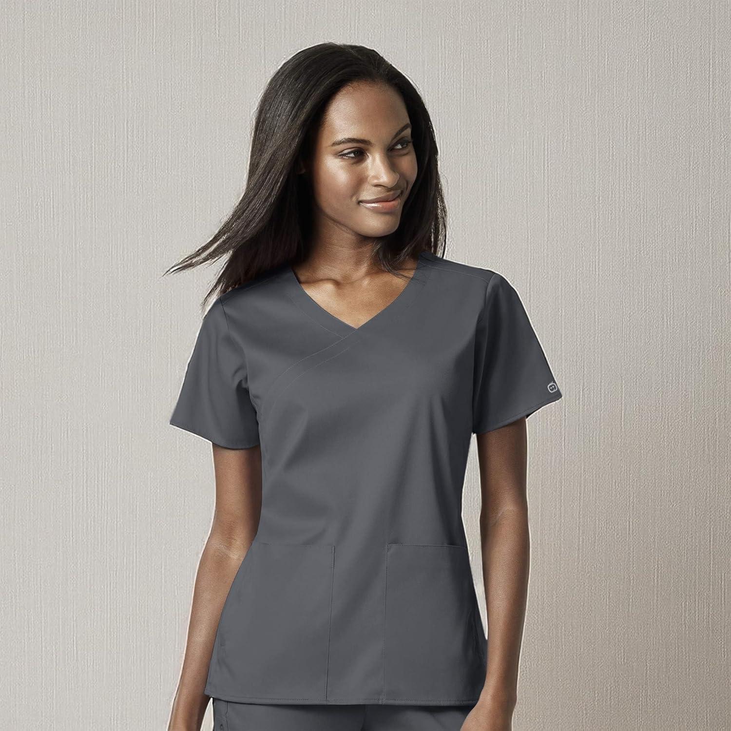 WonderWink Womens Women’s 4 Pocket Wrap Scrub Top(Pewter)