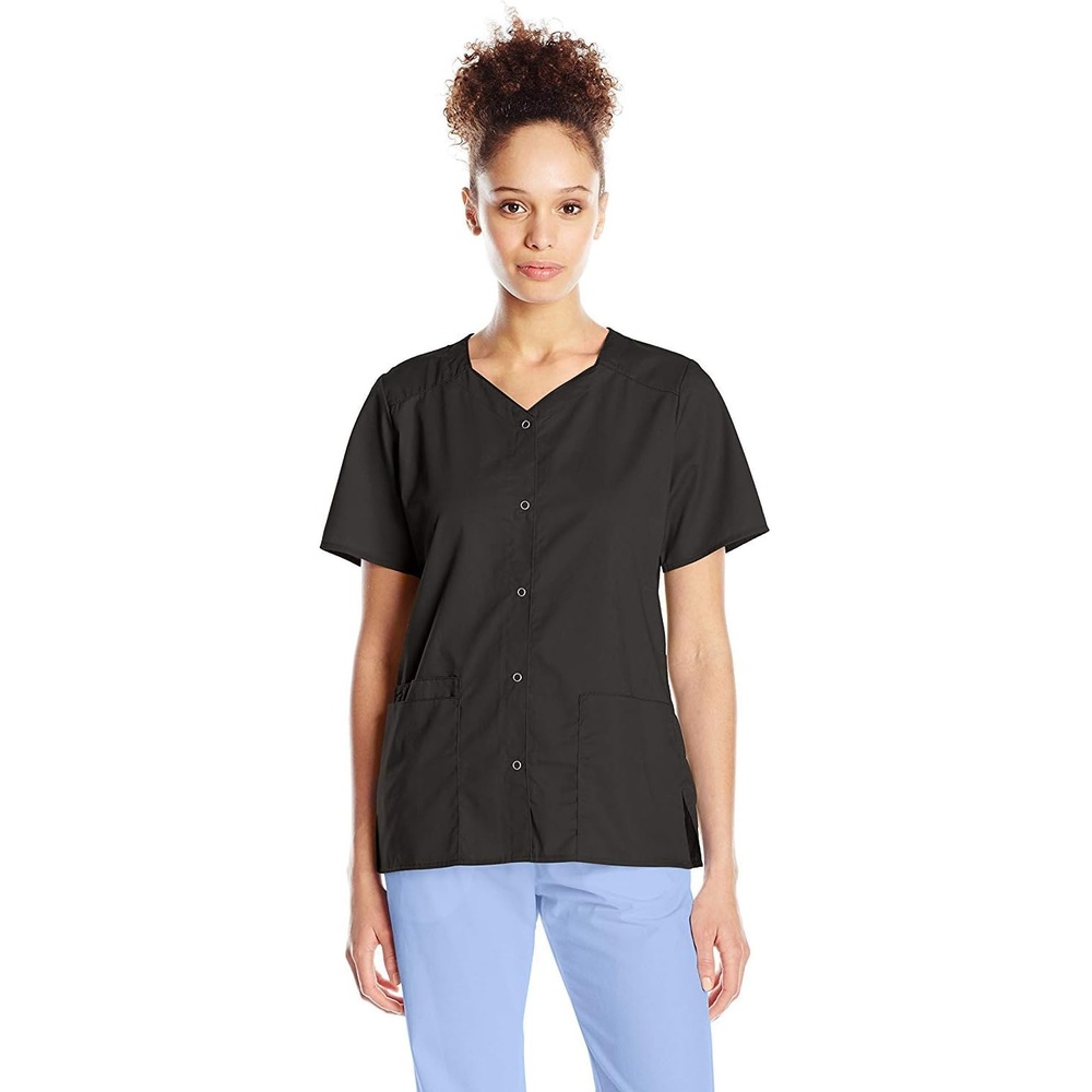 WINK WonderWORK Women’s Short Sleeve Snap Front Scrub Top(Black)