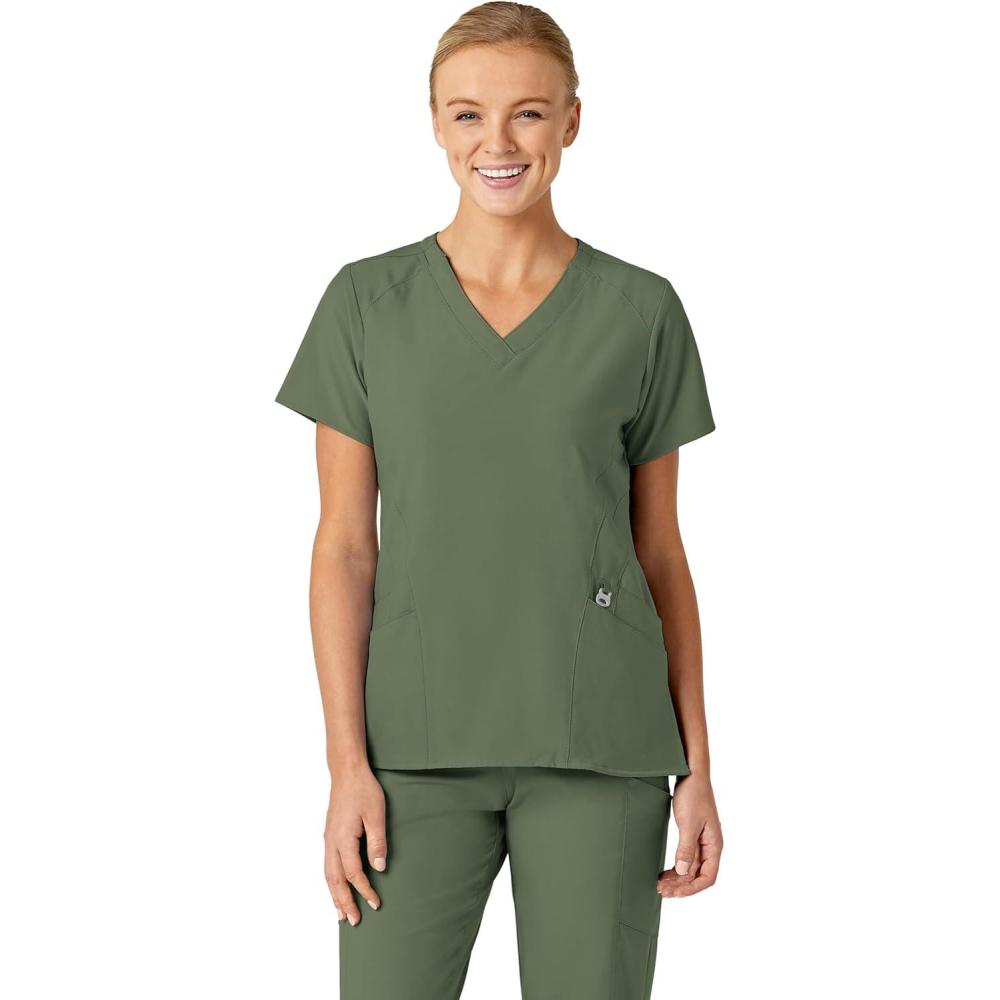 Wink Scrubs for Women, W123, Stylized V-Neck Tops with 5 Pockets(Olive)