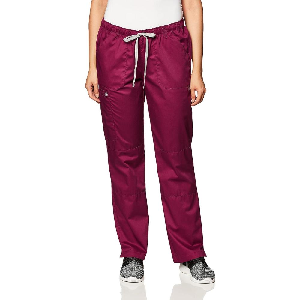 WonderWink Women’s Petite-Plus-Size Wonderwork Straight Leg Cargo Scrub Pant(Wine)
