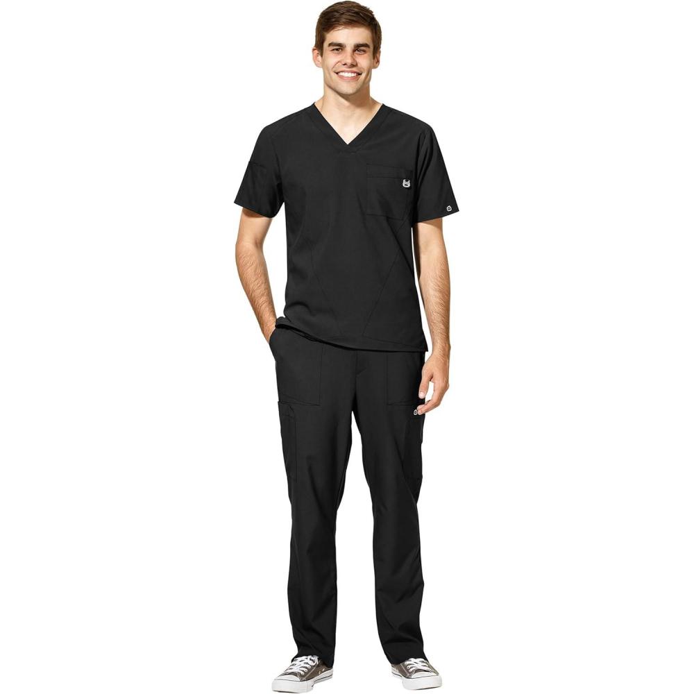 WonderWink W123 Men’s V-Neck Top & Flat Front Cargo Pocket Pant Scrub Set + Badge Reel(Black)