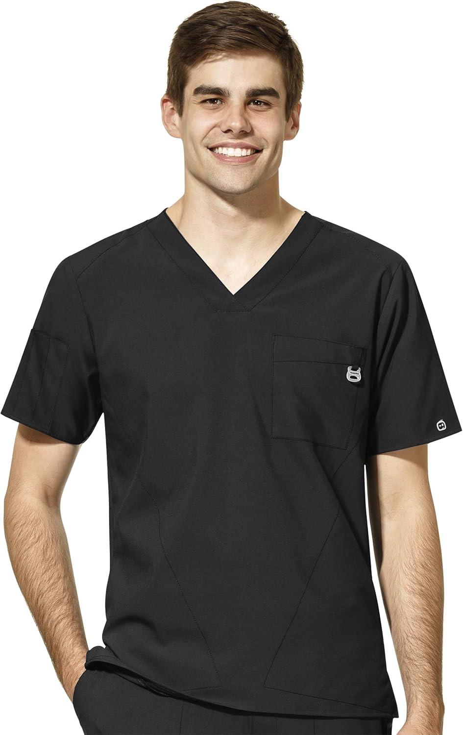 WonderWink W123 Men’s V-Neck Top & Flat Front Cargo Pocket Pant Scrub Set + Badge Reel(Black)