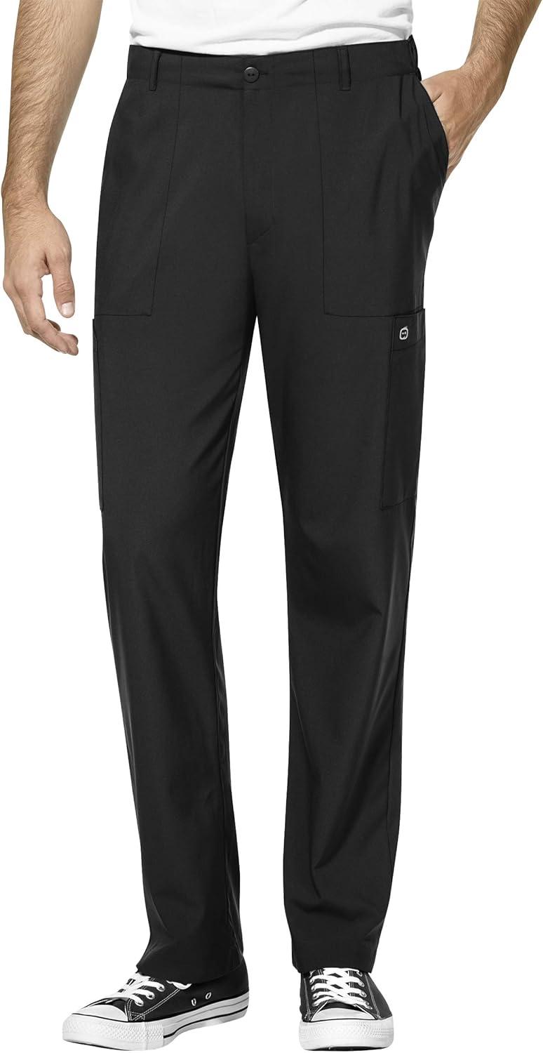 WonderWink W123 Men’s V-Neck Top & Flat Front Cargo Pocket Pant Scrub Set + Badge Reel(Black)