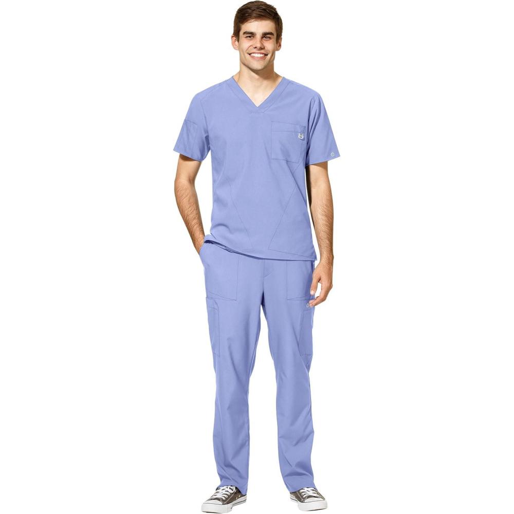 WonderWink W123 Men’s V-Neck Top & Flat Front Cargo Pocket Pant Scrub Set + Badge Reel(Ceil Blue)