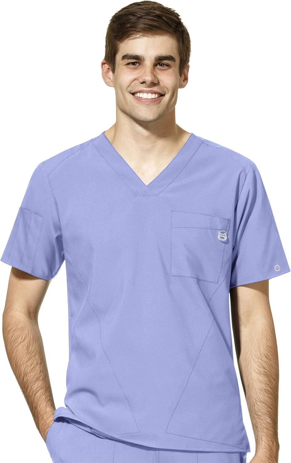 WonderWink W123 Men’s V-Neck Top & Flat Front Cargo Pocket Pant Scrub Set + Badge Reel(Ceil Blue)