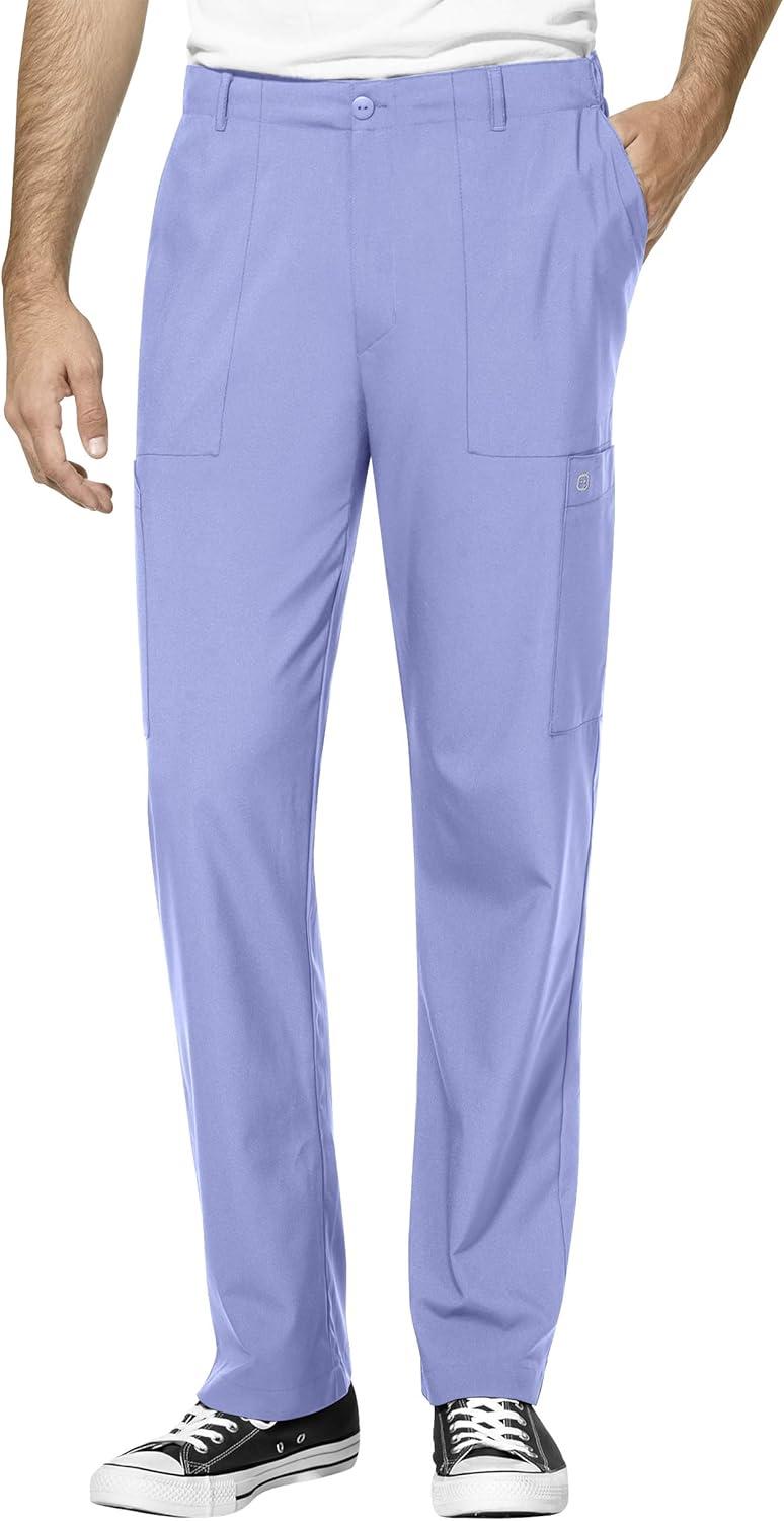 WonderWink W123 Men’s V-Neck Top & Flat Front Cargo Pocket Pant Scrub Set + Badge Reel(Ceil Blue)