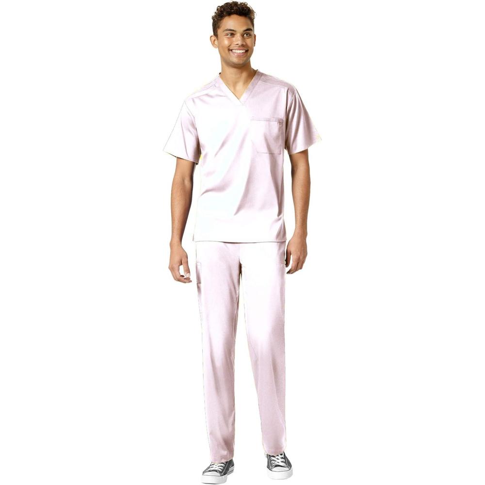 WonderWink PRO Men’s V-Neck Top & Straight Leg Cargo Pant Scrub Set + Badge Reel(White)