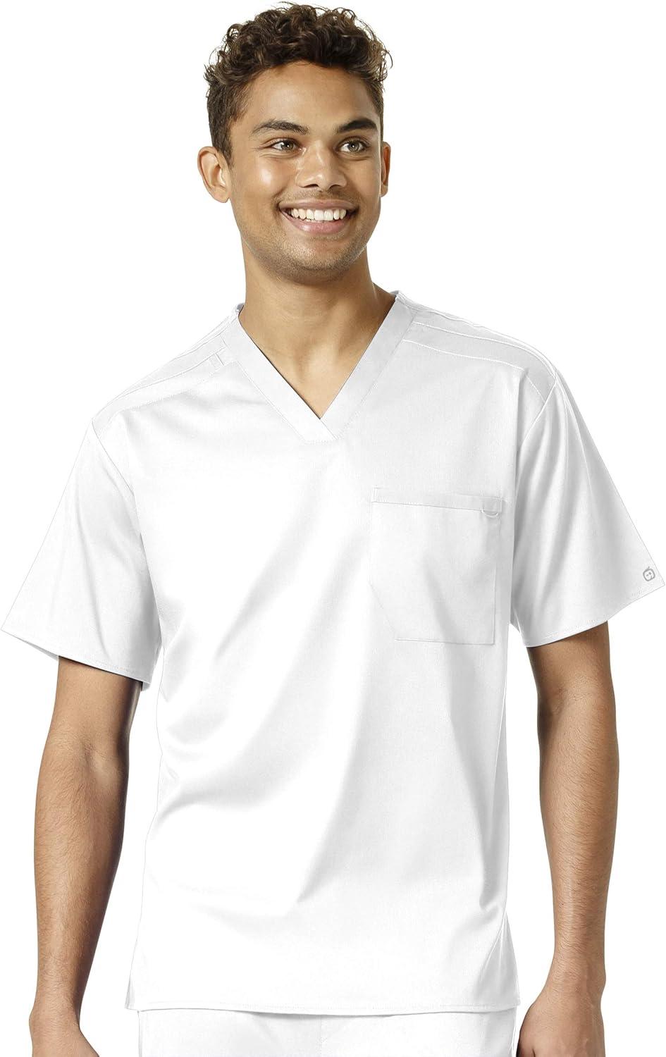 WonderWink PRO Men’s V-Neck Top & Straight Leg Cargo Pant Scrub Set + Badge Reel(White)