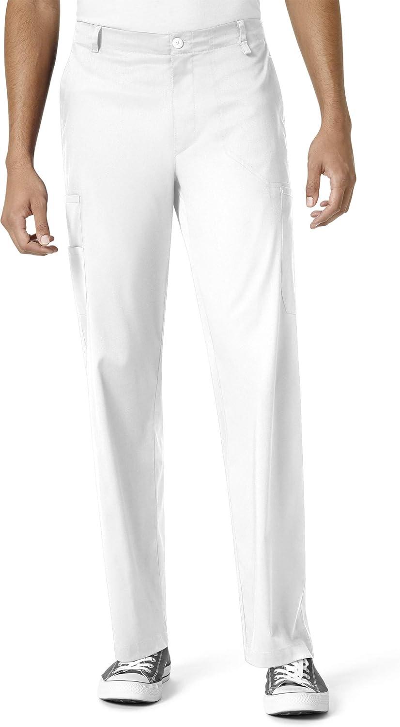 WonderWink PRO Men’s V-Neck Top & Straight Leg Cargo Pant Scrub Set + Badge Reel(White)