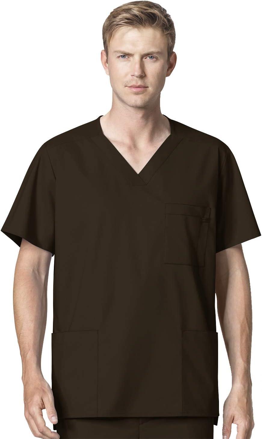 WonderWork Men’s V-neck Multi-Pocket Top & Men’s Cargo Pant Scrub Set + Badge Reel(Chocolate)