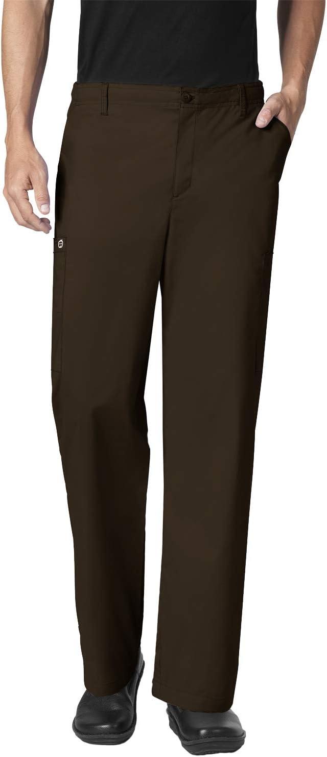 WonderWork Men’s V-neck Multi-Pocket Top & Men’s Cargo Pant Scrub Set + Badge Reel(Chocolate)