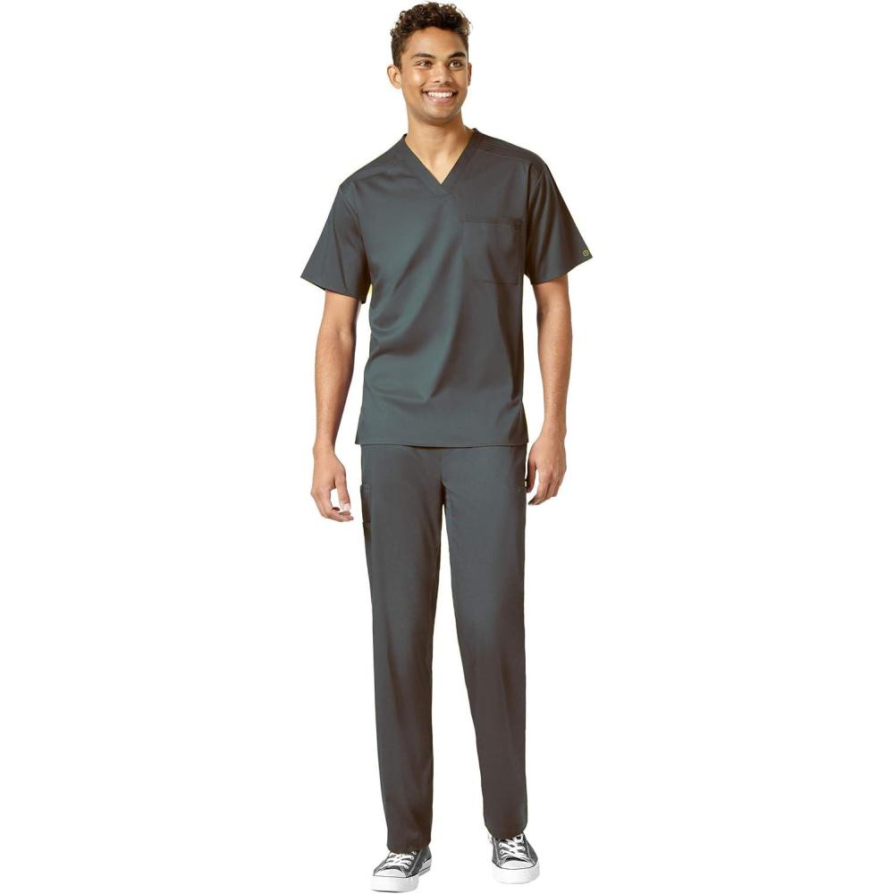 WonderWink PRO Men’s V-Neck Top & Straight Leg Cargo Pant Scrub Set + Badge Reel(Pewter)