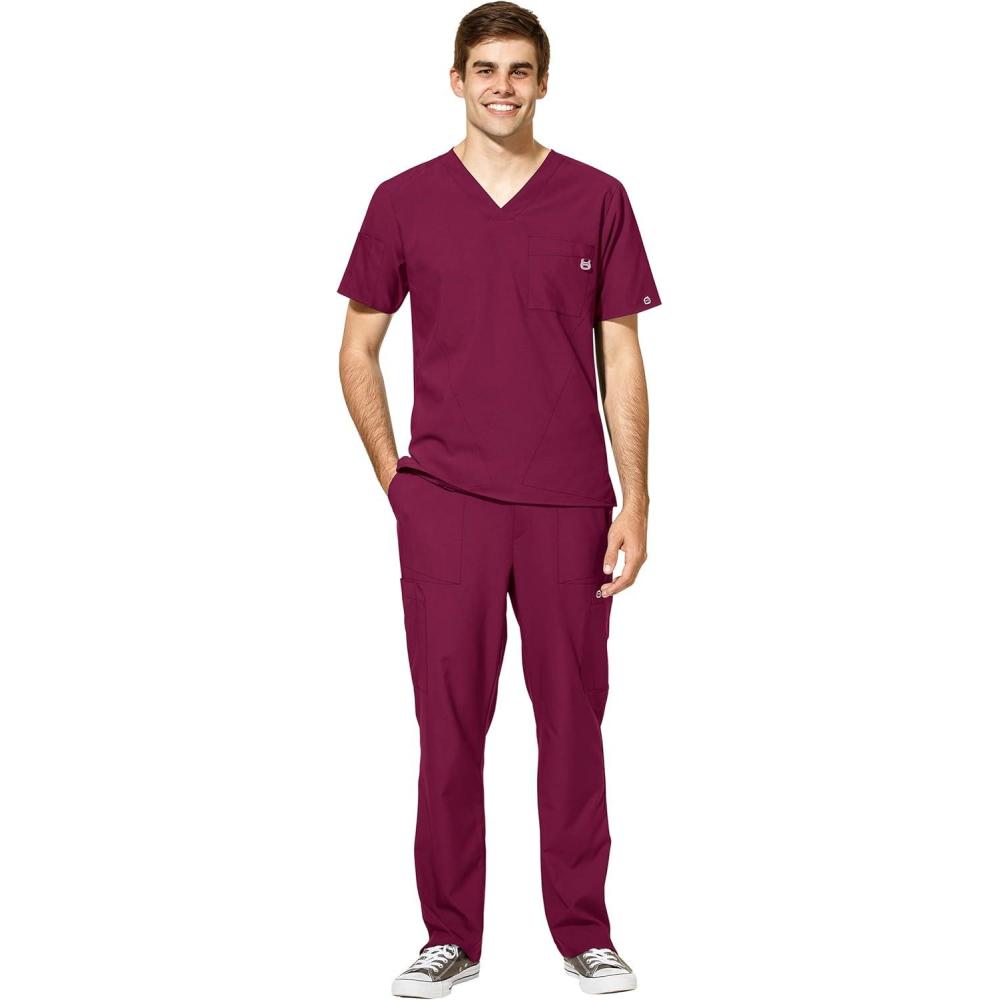 WonderWink W123 Men’s V-Neck Top & Flat Front Cargo Pocket Pant Scrub Set + Badge Reel(Wine)