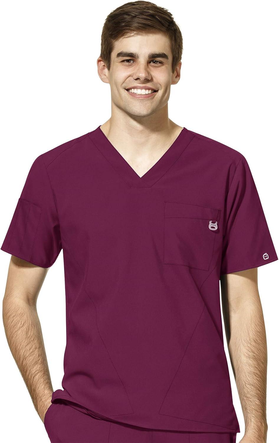 WonderWink W123 Men’s V-Neck Top & Flat Front Cargo Pocket Pant Scrub Set + Badge Reel(Wine)
