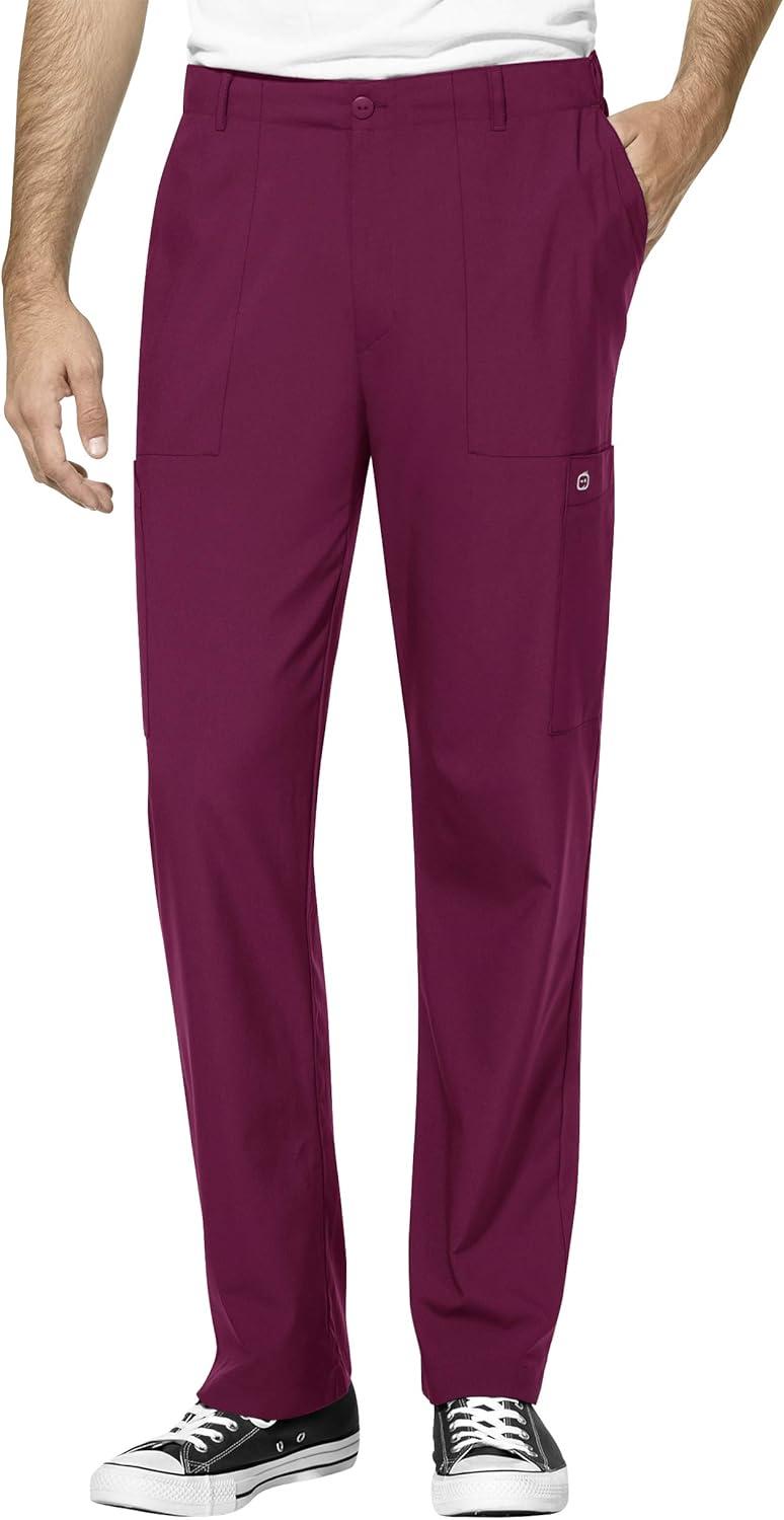 WonderWink W123 Men’s V-Neck Top & Flat Front Cargo Pocket Pant Scrub Set + Badge Reel(Wine)