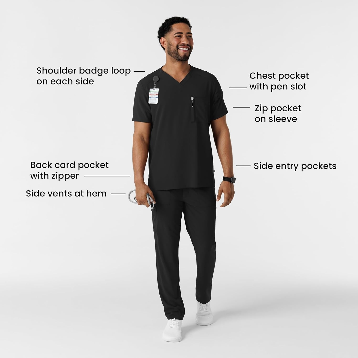 Wink Renew Men’s V-Neck 5 Pocket Scrub Top(Black)