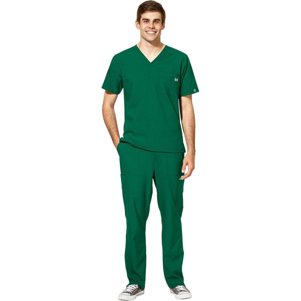 WonderWink W123 Men’s V-Neck Top & Flat Front Cargo Pocket Pant Scrub Set + Badge Reel(Hunter)