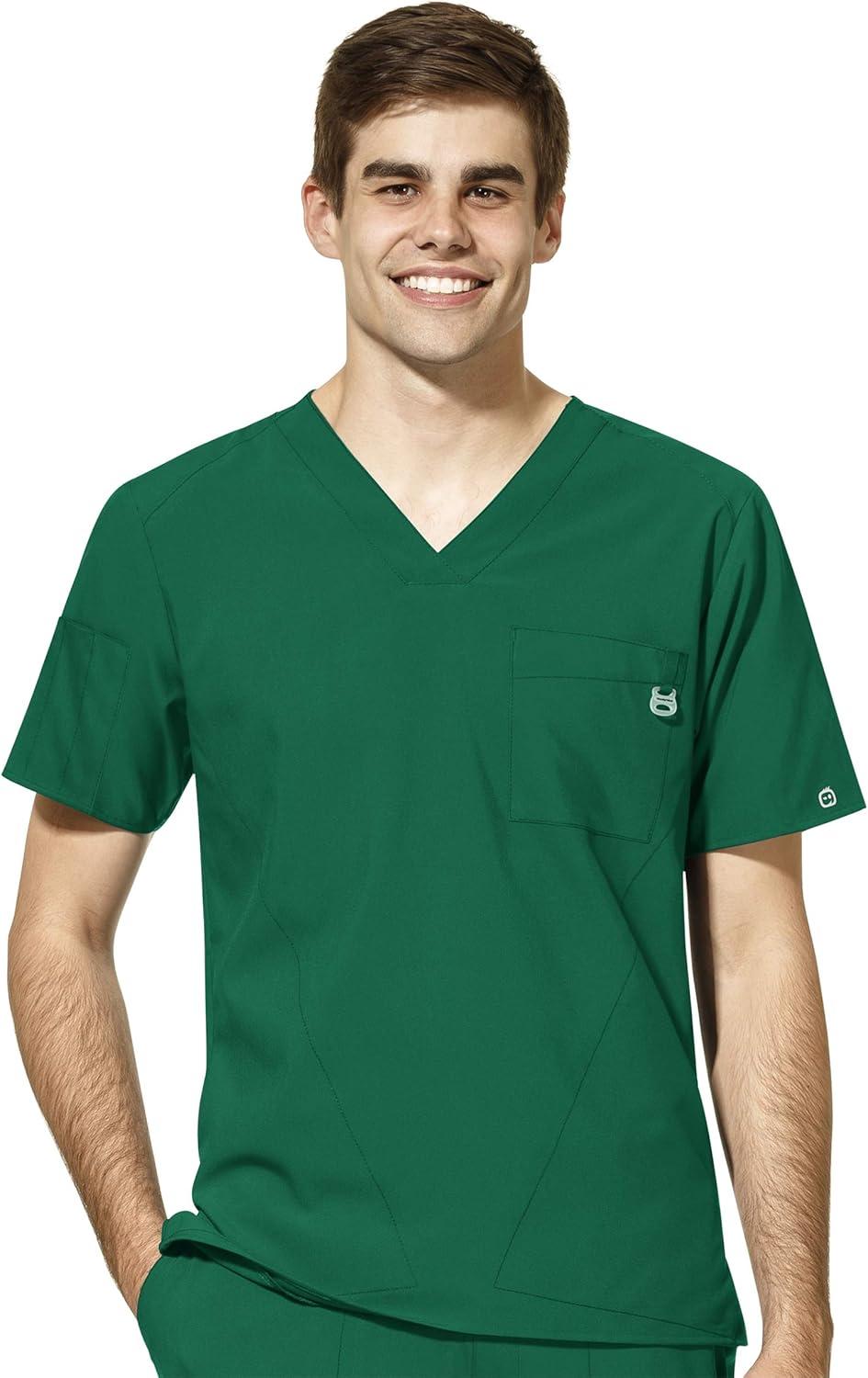 WonderWink W123 Men’s V-Neck Top & Flat Front Cargo Pocket Pant Scrub Set + Badge Reel(Hunter)