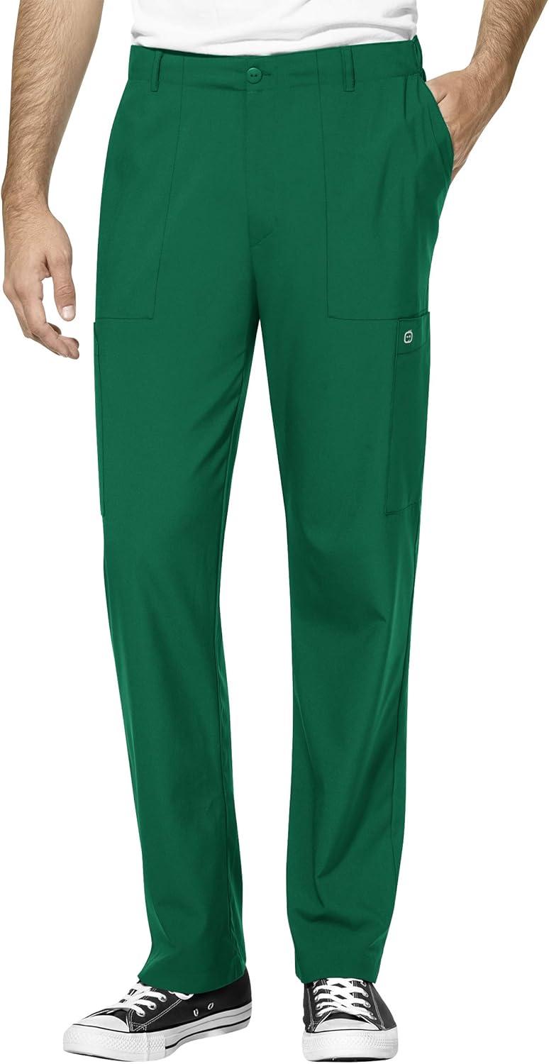 WonderWink W123 Men’s V-Neck Top & Flat Front Cargo Pocket Pant Scrub Set + Badge Reel(Hunter)