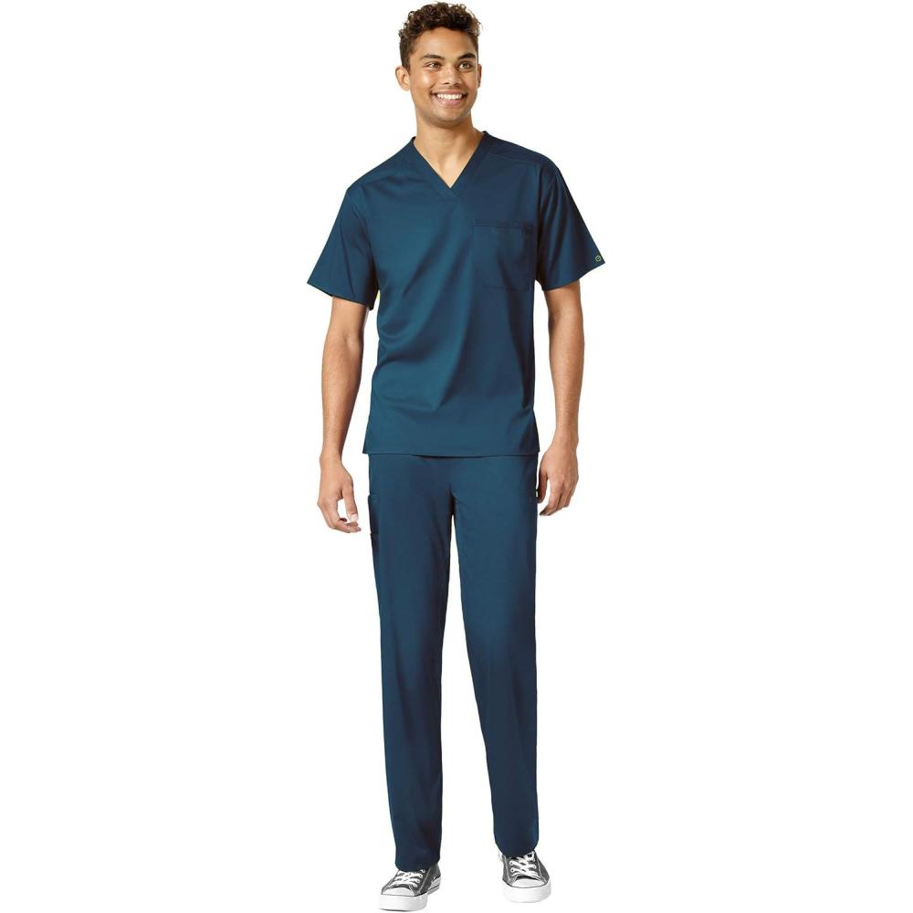 WonderWink PRO Men’s V-Neck Top & Straight Leg Cargo Pant Scrub Set + Badge Reel(Caribbean Blue)