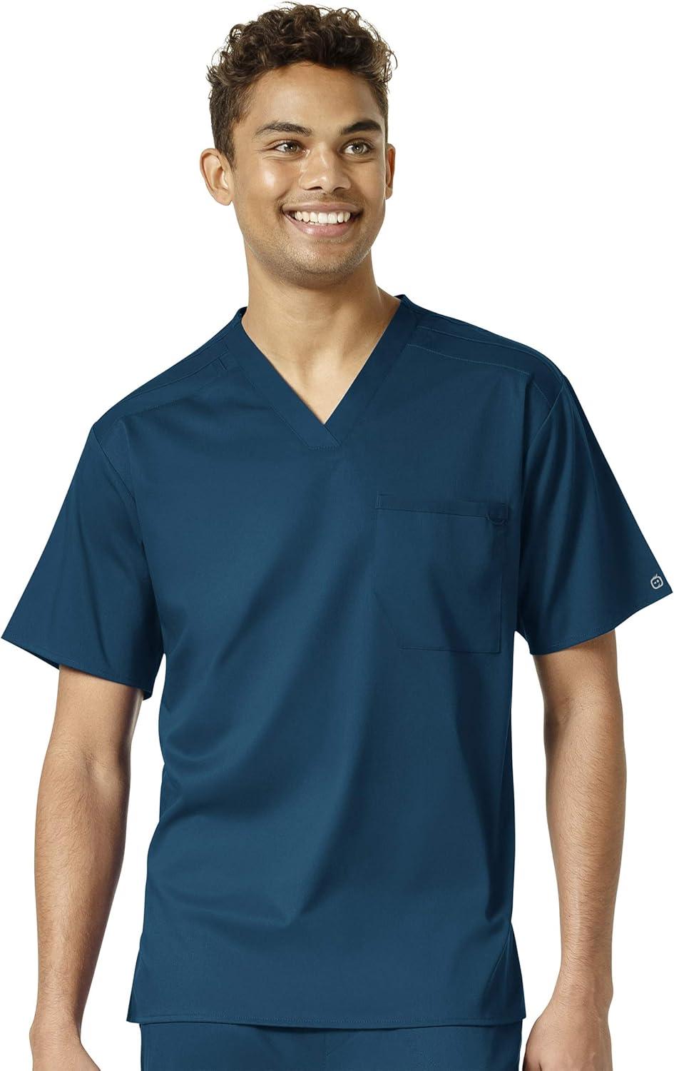 WonderWink PRO Men’s V-Neck Top & Straight Leg Cargo Pant Scrub Set + Badge Reel(Caribbean Blue)