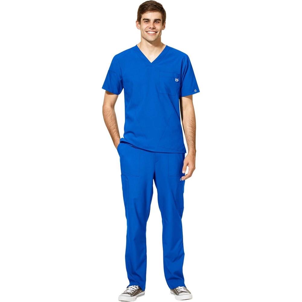 WonderWink W123 Men’s V-Neck Top & Flat Front Cargo Pocket Pant Scrub Set + Badge Reel(Royal)