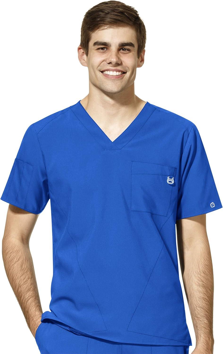 WonderWink W123 Men’s V-Neck Top & Flat Front Cargo Pocket Pant Scrub Set + Badge Reel(Royal)