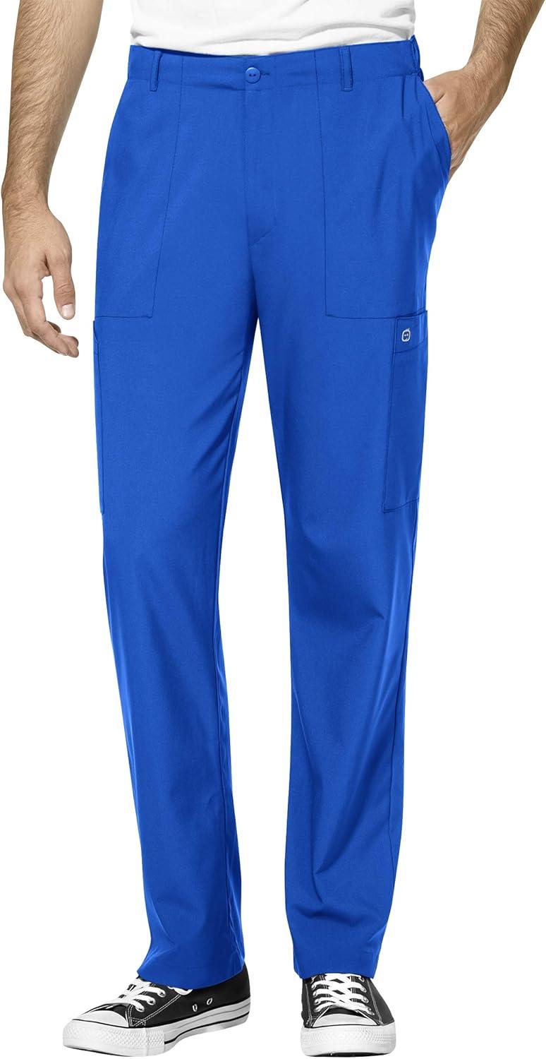 WonderWink W123 Men’s V-Neck Top & Flat Front Cargo Pocket Pant Scrub Set + Badge Reel(Royal)