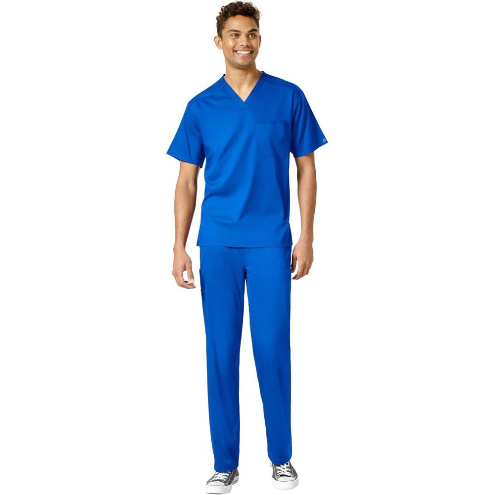 WonderWink PRO Men’s V-Neck Top & Straight Leg Cargo Pant Scrub Set + Badge Reel(Royal)