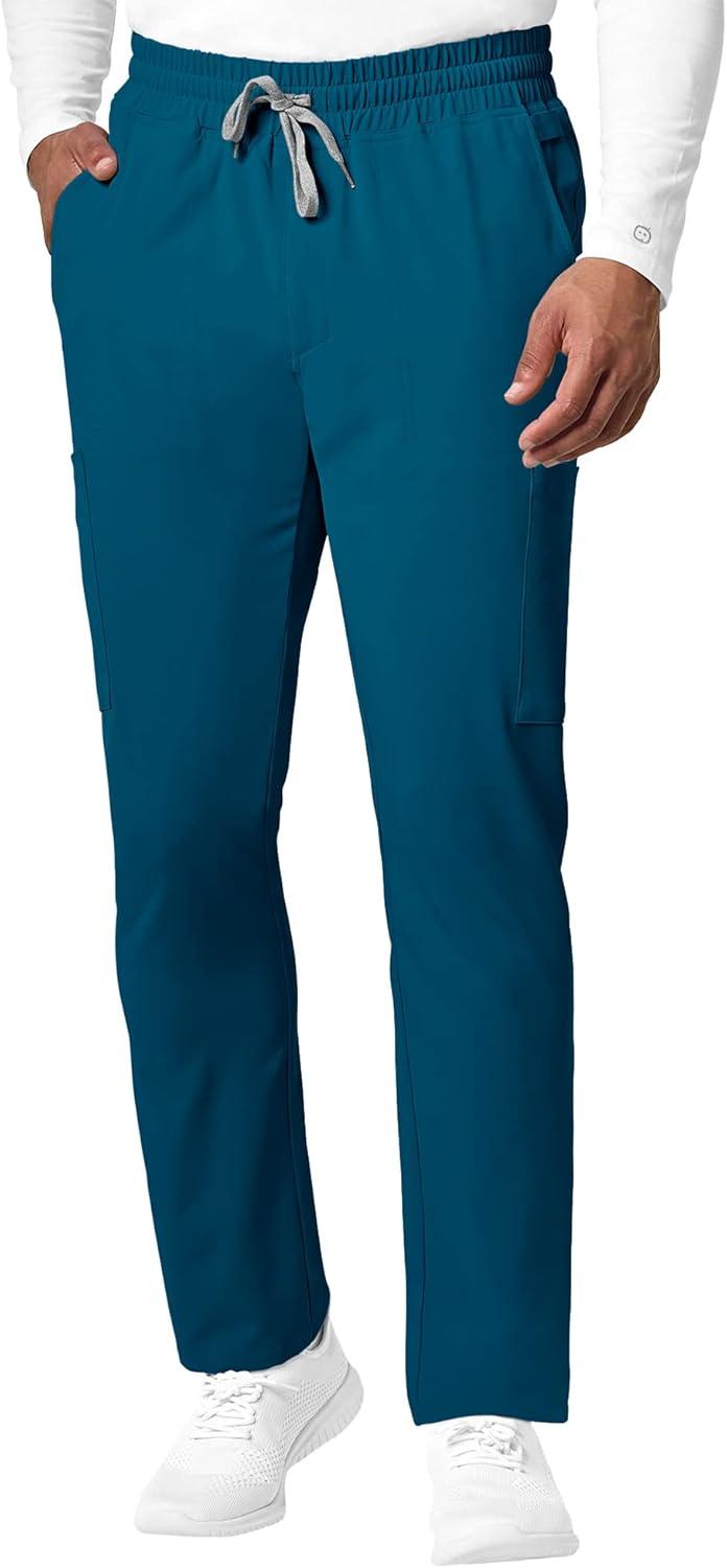 WonderWink RENEW Men’s EZ Zip Top & Men’s Straight Slim Leg Cargo Pant Scrub Set + Badge Reel(Caribbean)