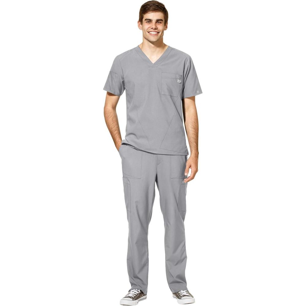 WonderWink W123 Men’s V-Neck Top & Flat Front Cargo Pocket Pant Scrub Set + Badge Reel(Grey)