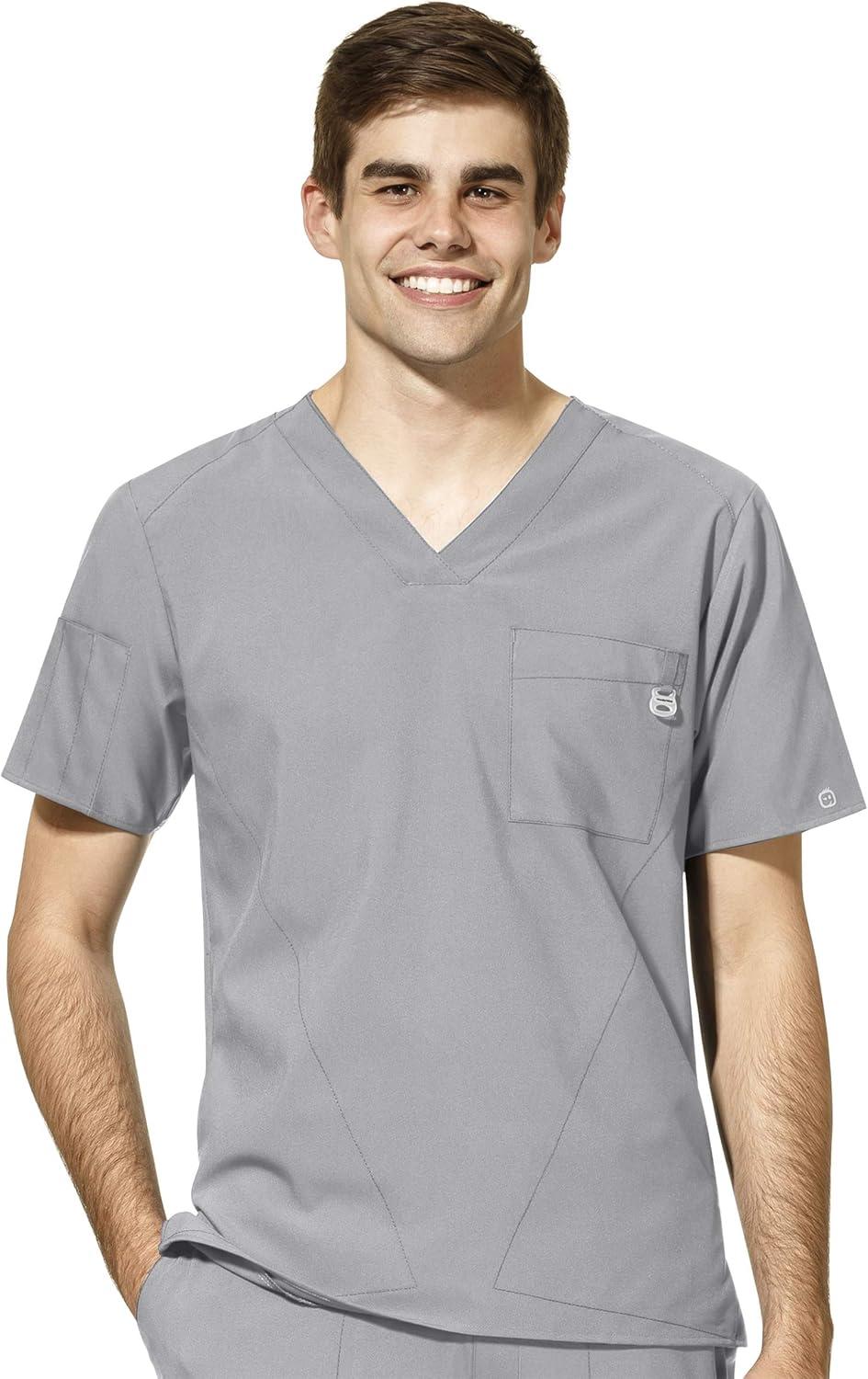 WonderWink W123 Men’s V-Neck Top & Flat Front Cargo Pocket Pant Scrub Set + Badge Reel(Grey)