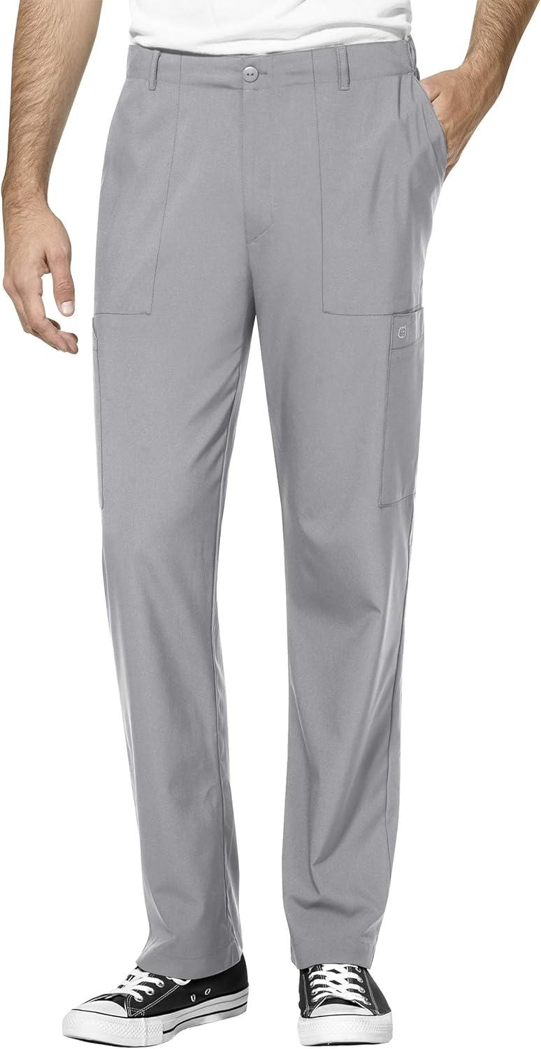 WonderWink W123 Men’s V-Neck Top & Flat Front Cargo Pocket Pant Scrub Set + Badge Reel(Grey)
