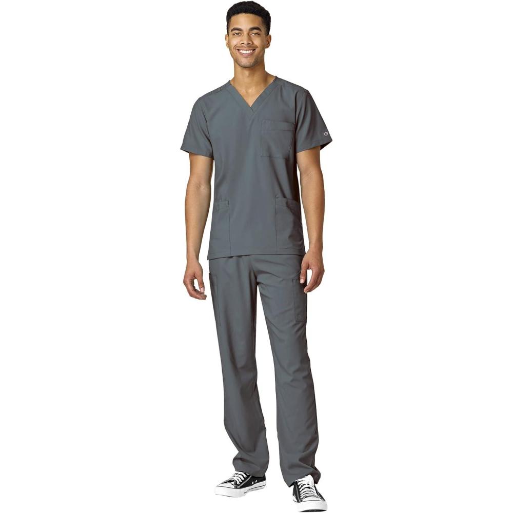 WonderWink W123 Unisex 4-Pocket Utility Top & Unisex Multi-cargo pant Scrub Set + Badge Reel(Pewter)