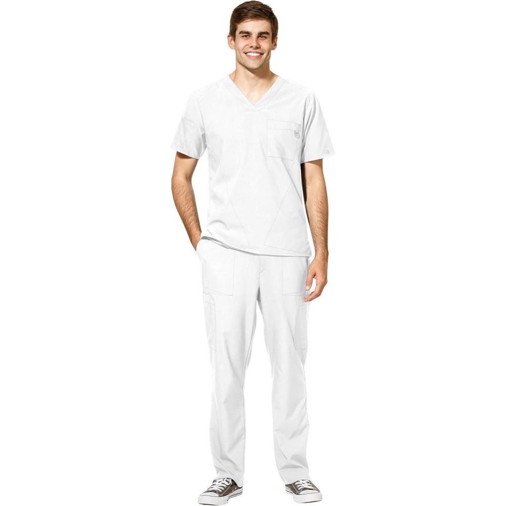 WonderWink W123 Men’s V-Neck Top & Flat Front Cargo Pocket Pant Scrub Set + Badge Reel(White)
