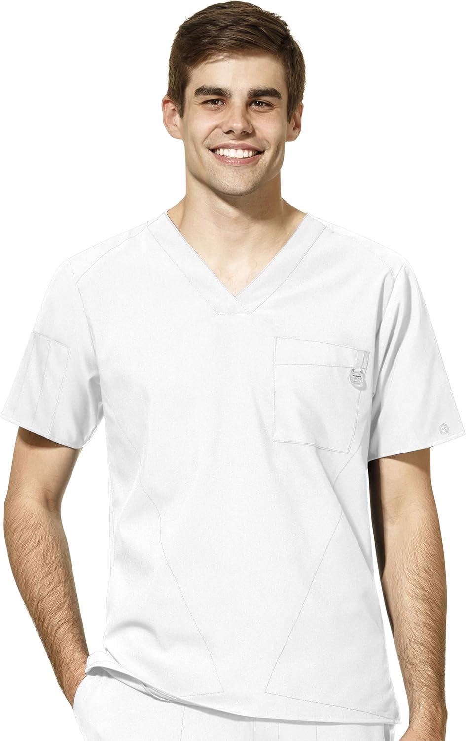 WonderWink W123 Men’s V-Neck Top & Flat Front Cargo Pocket Pant Scrub Set + Badge Reel(White)