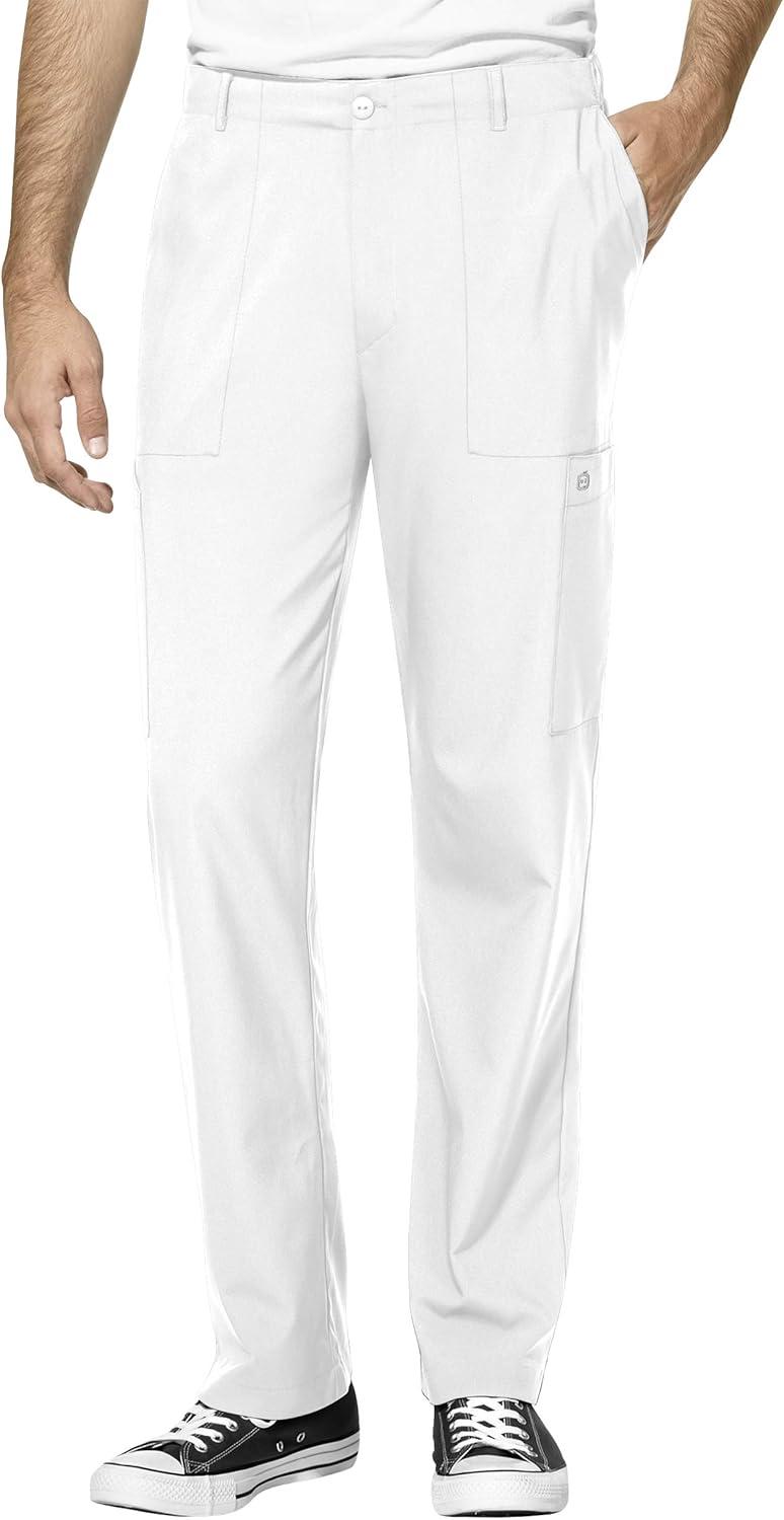 WonderWink W123 Men’s V-Neck Top & Flat Front Cargo Pocket Pant Scrub Set + Badge Reel(White)