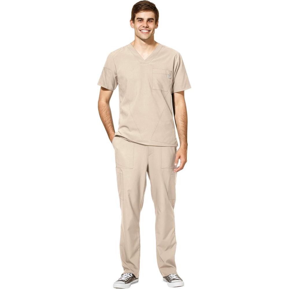 WonderWink W123 Men’s V-Neck Top & Flat Front Cargo Pocket Pant Scrub Set + Badge Reel(Khaki)