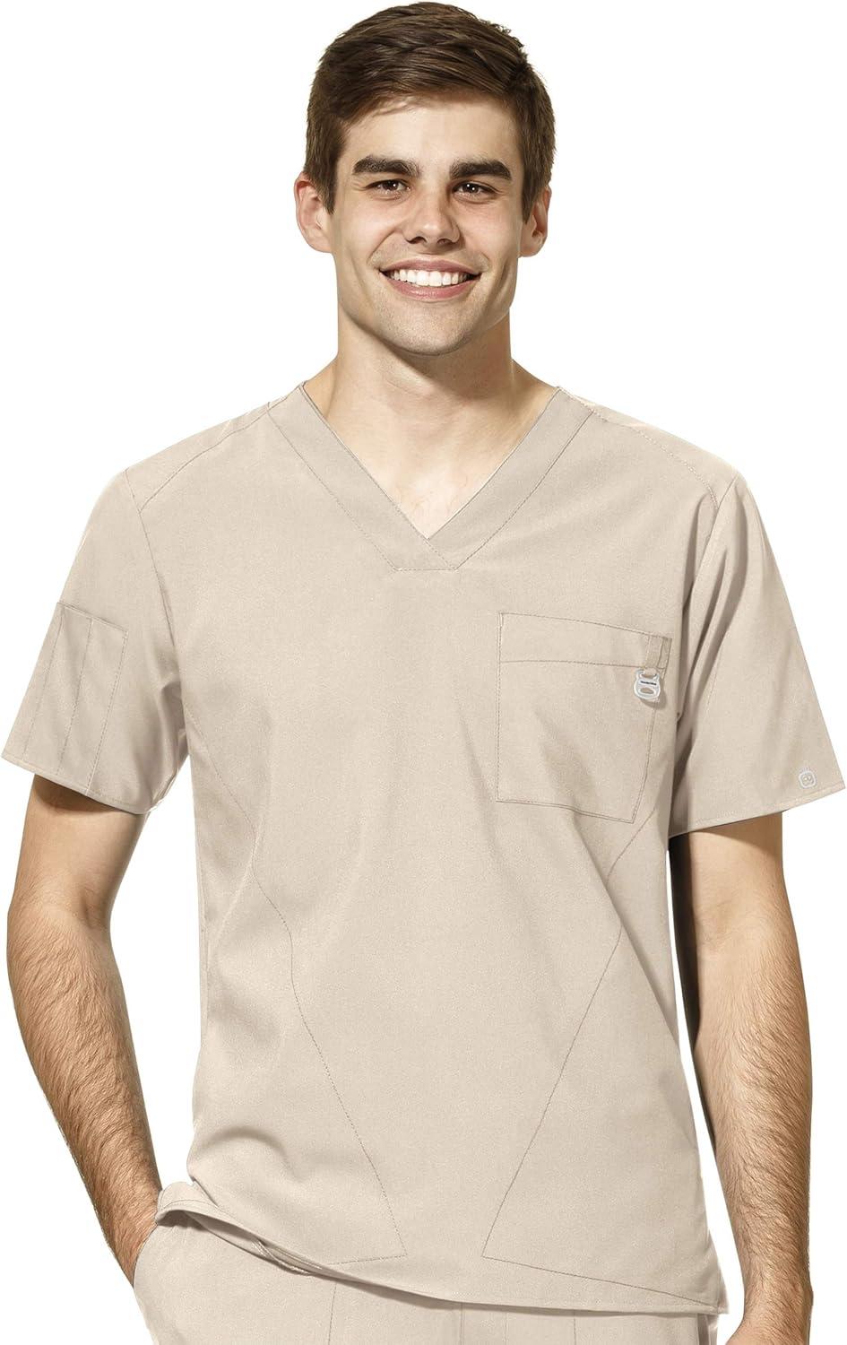 WonderWink W123 Men’s V-Neck Top & Flat Front Cargo Pocket Pant Scrub Set + Badge Reel(Khaki)