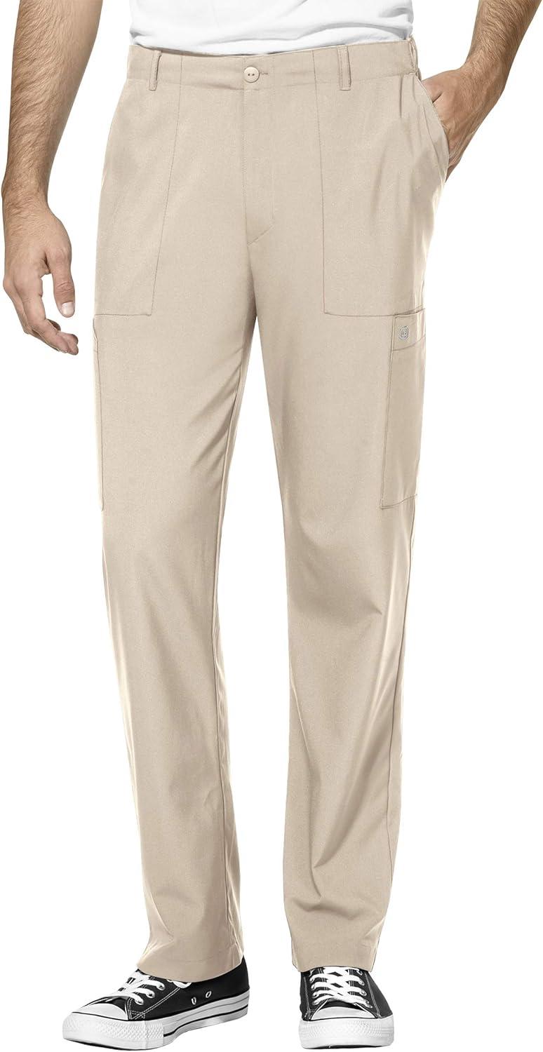 WonderWink W123 Men’s V-Neck Top & Flat Front Cargo Pocket Pant Scrub Set + Badge Reel(Khaki)