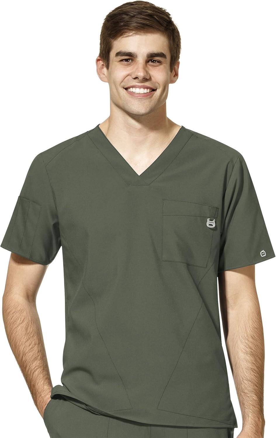 WonderWink W123 Men’s V-Neck Top & Flat Front Cargo Pocket Pant Scrub Set + Badge Reel(Olive)