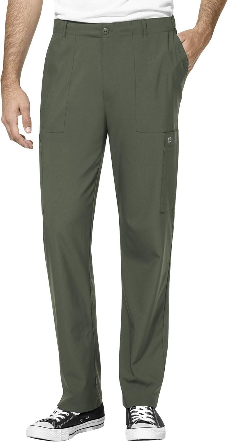 WonderWink W123 Men’s V-Neck Top & Flat Front Cargo Pocket Pant Scrub Set + Badge Reel(Olive)