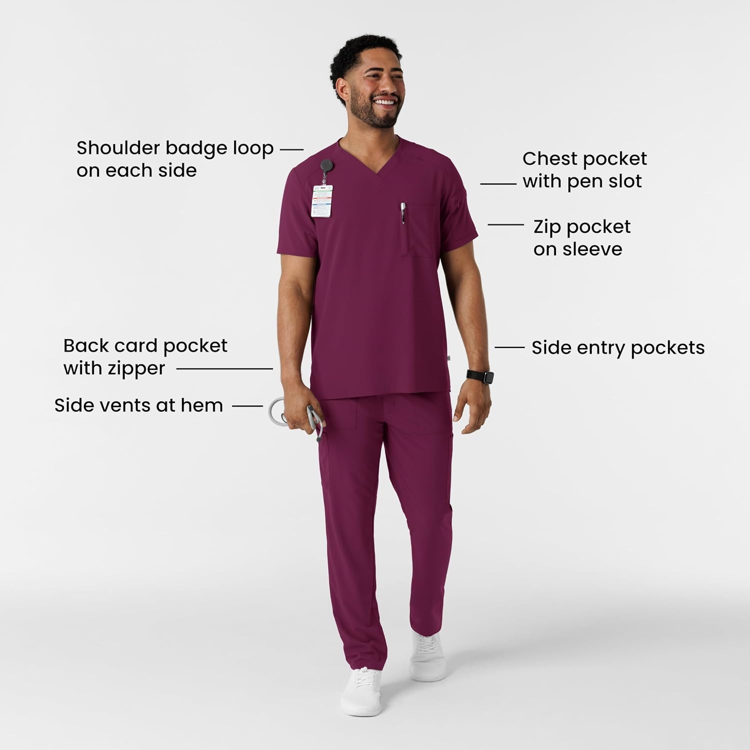 Wink Renew Men’s V-Neck 5 Pocket Scrub Top(Wine)