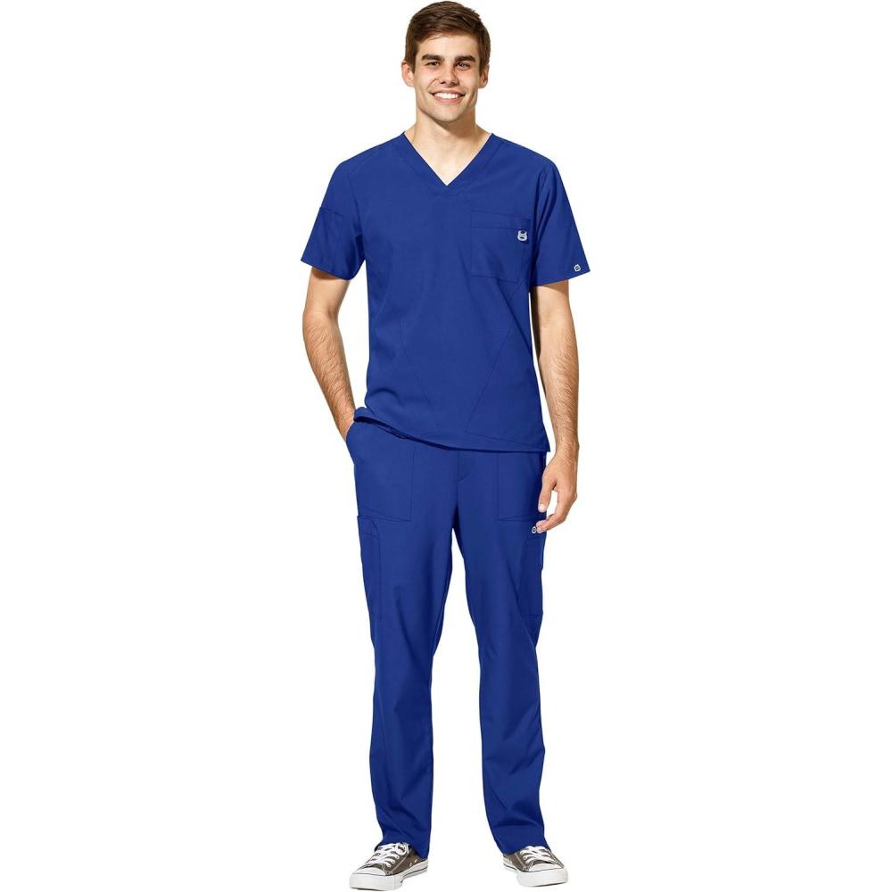 WonderWink W123 Men’s V-Neck Top & Flat Front Cargo Pocket Pant Scrub Set + Badge Reel(Galaxy Blue)