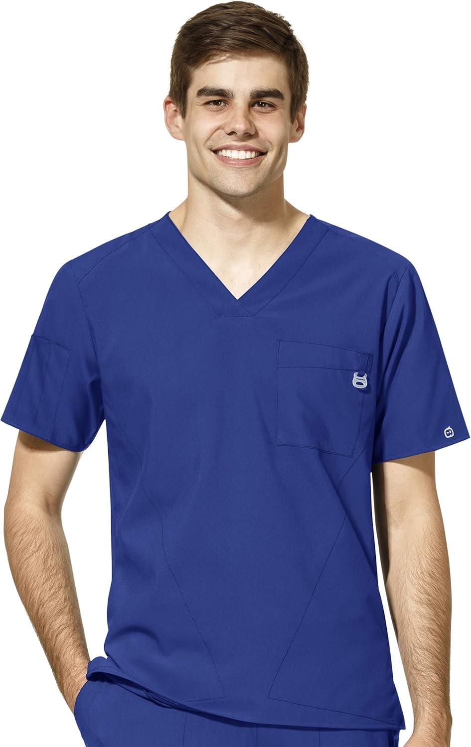 WonderWink W123 Men’s V-Neck Top & Flat Front Cargo Pocket Pant Scrub Set + Badge Reel(Galaxy Blue)