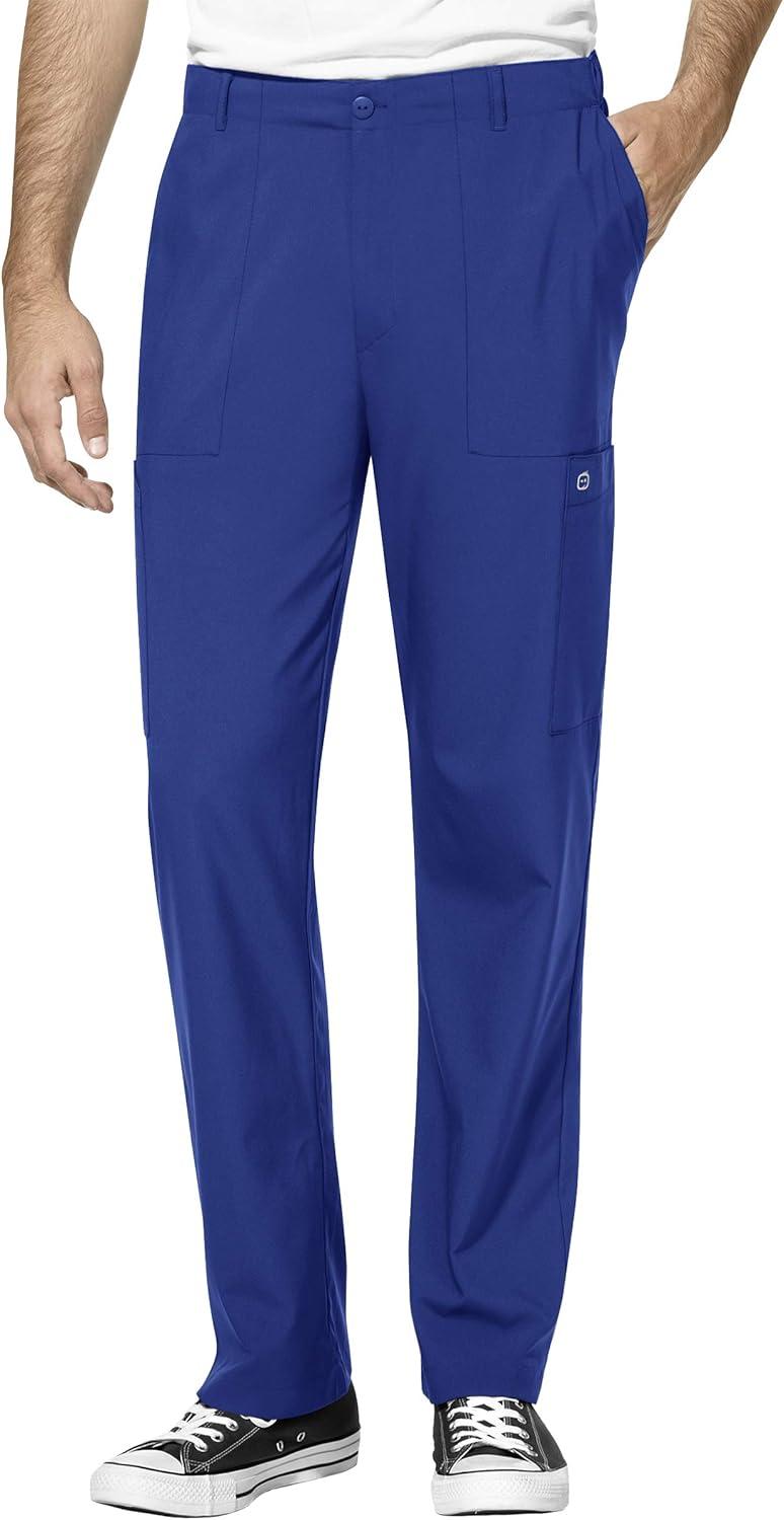 WonderWink W123 Men’s V-Neck Top & Flat Front Cargo Pocket Pant Scrub Set + Badge Reel(Galaxy Blue)