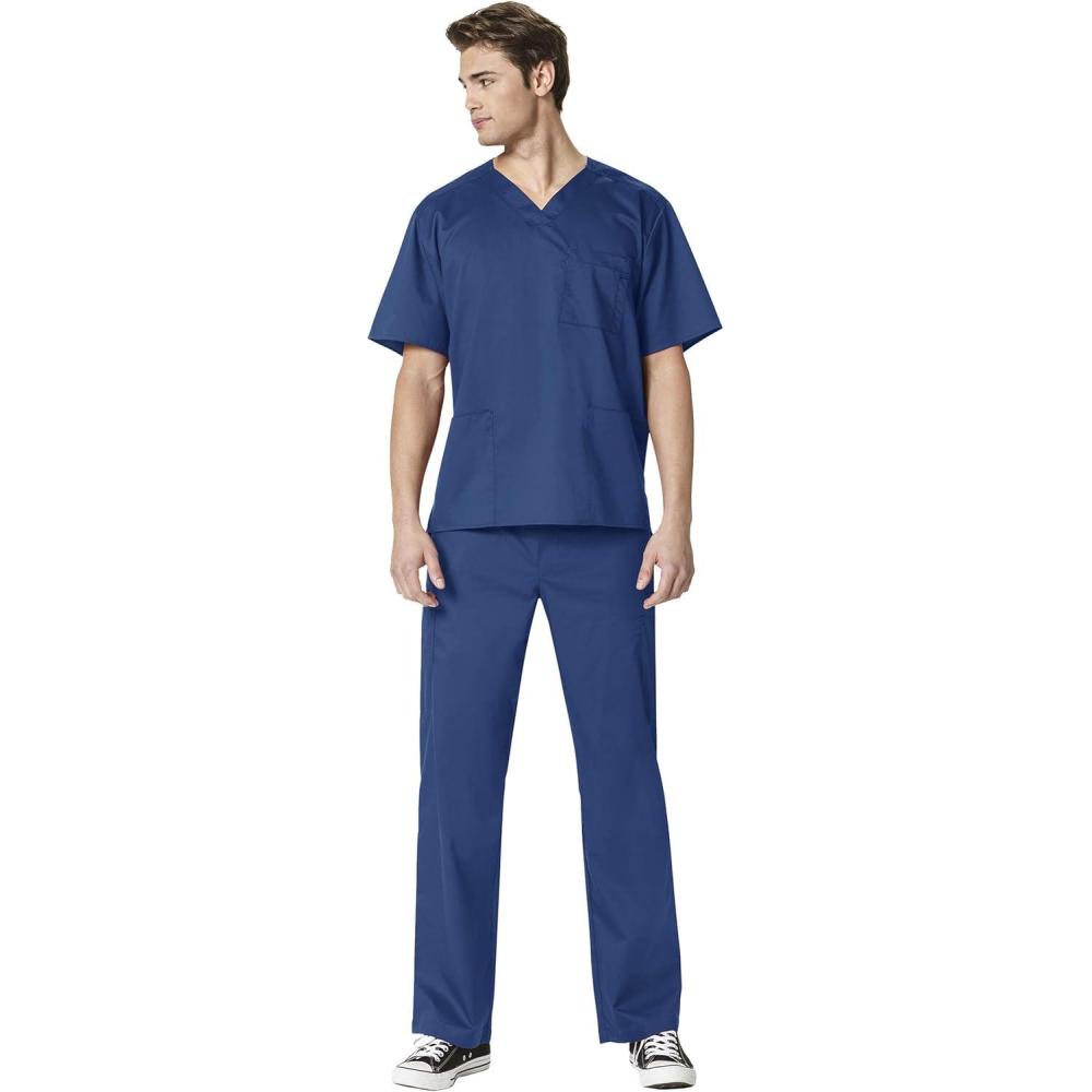 WonderWork Men’s V-neck Multi-Pocket Top & Men’s Cargo Pant Scrub Set + Badge Reel(Navy)