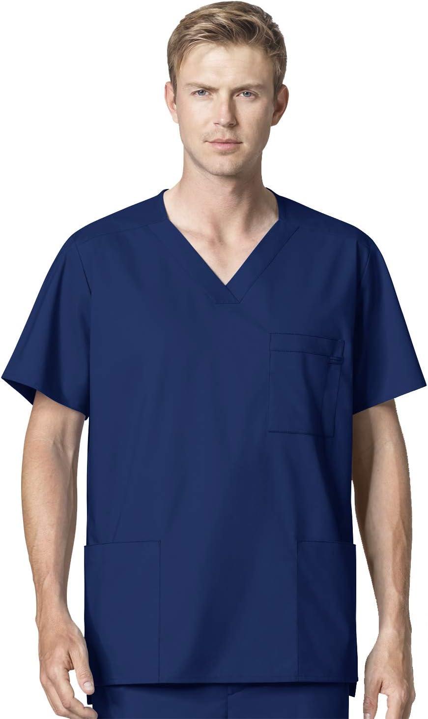 WonderWork Men’s V-neck Multi-Pocket Top & Men’s Cargo Pant Scrub Set + Badge Reel(Navy)