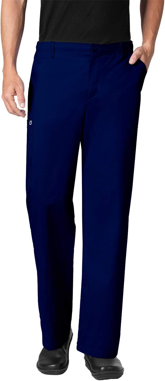 WonderWork Men’s V-neck Multi-Pocket Top & Men’s Cargo Pant Scrub Set + Badge Reel(Navy)
