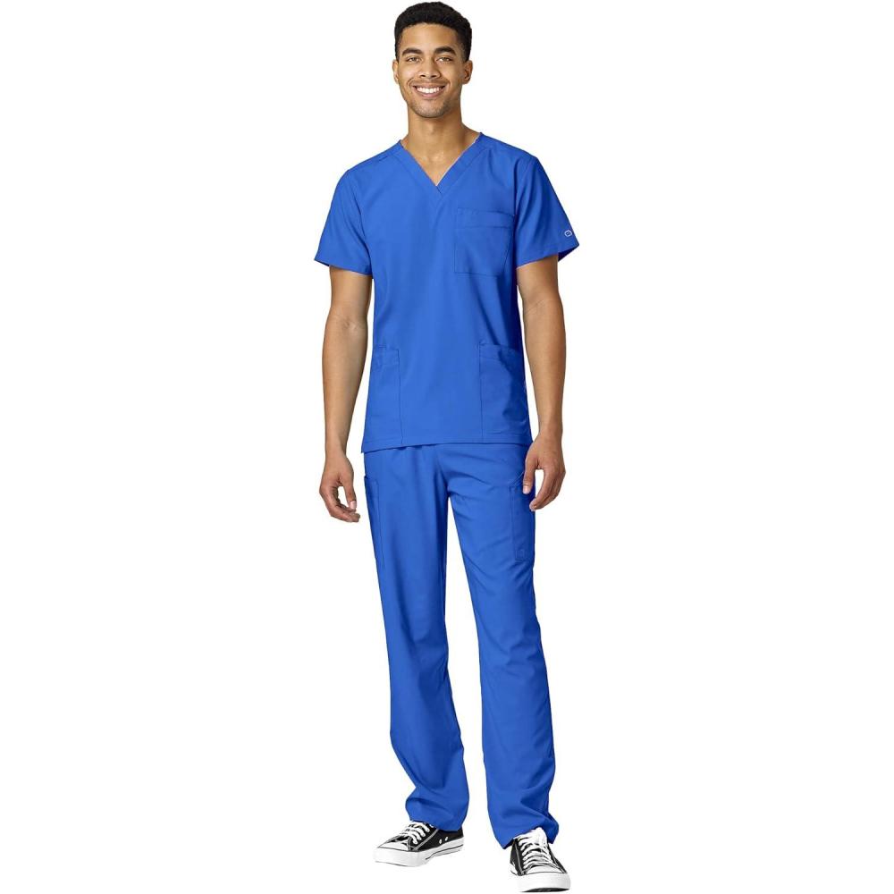 WonderWink W123 Unisex 4-Pocket Utility Top & Unisex Multi-cargo pant Scrub Set + Badge Reel(Royal)